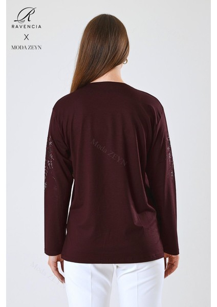 Kadın Orta Yaş ve Üzeri Viskon Çiçek Desen Taşlı Işlemeli Likralı Bordo Anne Penye Bluz fırsatları