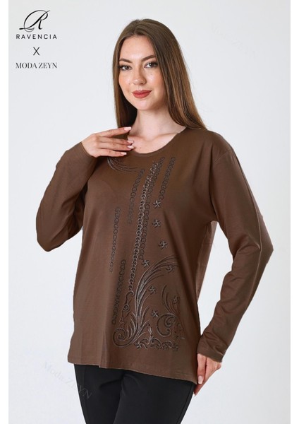Kadın Orta Yaş ve Üzeri Viskon Halka Şerit Desen Taşlı Işlemeli Likralı Kahverengi Anne Penye Bluz