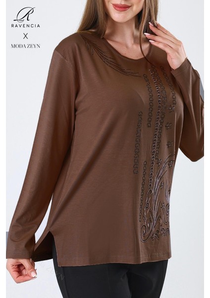 Kadın Orta Yaş ve Üzeri Viskon Halka Şerit Desen Taşlı Işlemeli Likralı Kahverengi Anne Penye Bluz fiyatları