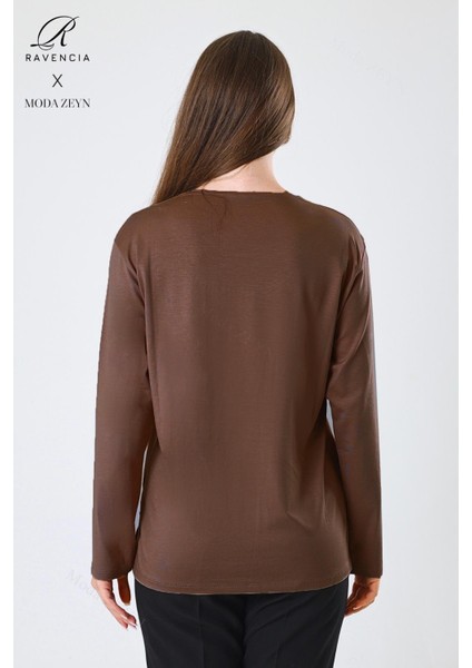 Kadın Orta Yaş ve Üzeri Viskon Halka Şerit Desen Taşlı Işlemeli Likralı Kahverengi Anne Penye Bluz modelleri