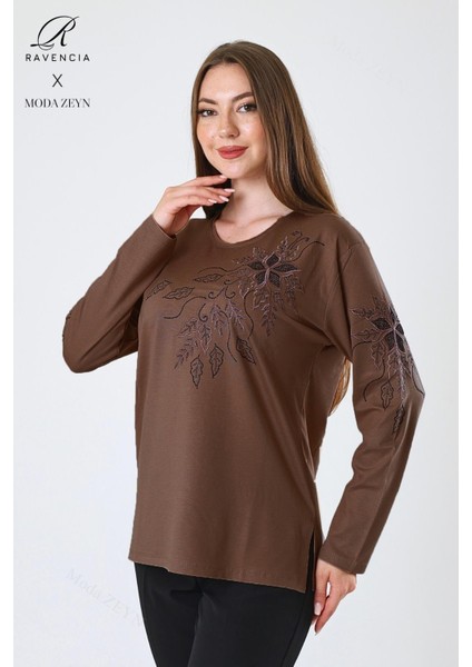 Kadın Orta Yaş ve Üzeri Viskon Çiçek Desen Taşlı Işlemeli Likralı Kahverengi Anne Penye Bluz