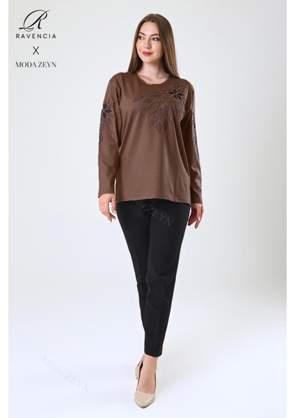 Kadın Orta Yaş ve Üzeri Viskon Çiçek Desen Taşlı Işlemeli Likralı Kahverengi Anne Penye Bluz fiyatları