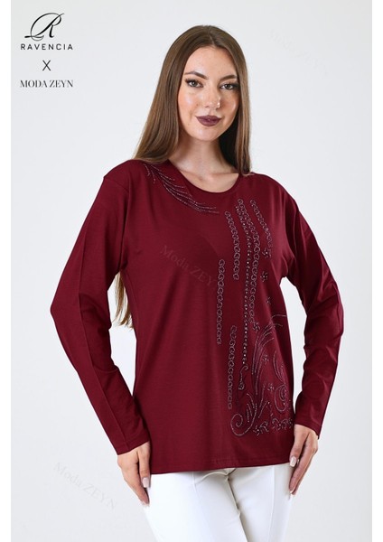 Kadın Orta Yaş ve Üzeri Viskon Halka Şerit Desen Taşlı Işlemeli Likralı Bordo Anne Penye Bluz
