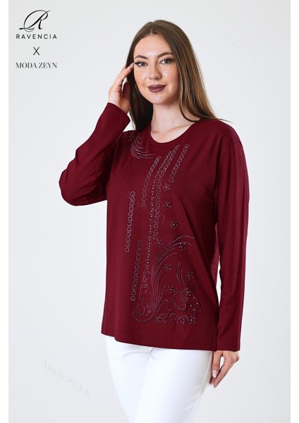 Kadın Orta Yaş ve Üzeri Viskon Halka Şerit Desen Taşlı Işlemeli Likralı Bordo Anne Penye Bluz fiyatları