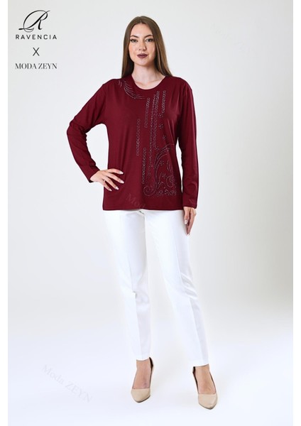 Kadın Orta Yaş ve Üzeri Viskon Halka Şerit Desen Taşlı Işlemeli Likralı Bordo Anne Penye Bluz modelleri