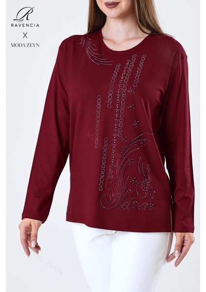 Kadın Orta Yaş ve Üzeri Viskon Halka Şerit Desen Taşlı Işlemeli Likralı Bordo Anne Penye Bluz fırsatları