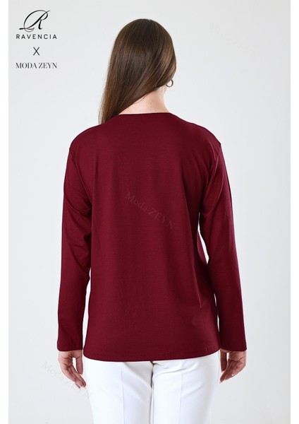 Kadın Orta Yaş ve Üzeri Viskon Halka Şerit Desen Taşlı Işlemeli Likralı Bordo Anne Penye Bluz indirimleri