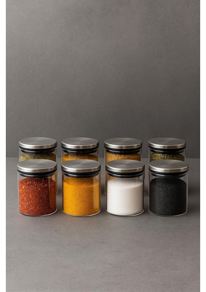 300 ml (70 mm x 100 Mm) 8 Lı Borosilikat Cam Baharatlık Seti-Sızdırmaz Sılıkonlu Metal modelleri