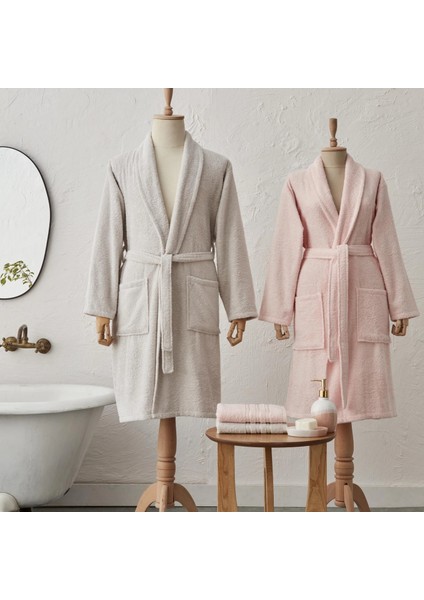 Carli %100 Pamuk 4 Parça Bornoz/Baş Havlusu Aile Banyo Seti Pudra Gri