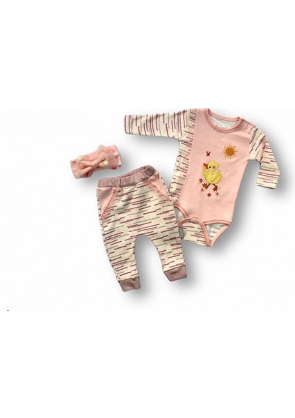 3-6 6-9 9-12 Ay Süslü Ördek Nakışlı Şapkalı Uzun Kollu Zıbınlı 3lü Kız Bebek Takımı Pembe