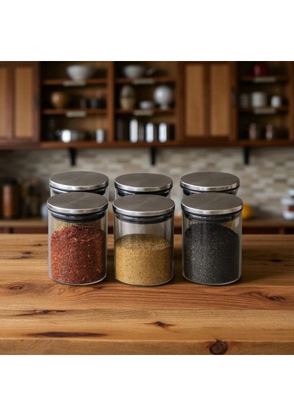 300 ml (70 mm x 100 Mm) 6 Lı Borosilikat Cam Baharatlık Seti-Sızdırmaz Sılıkonlu Metal Kapak