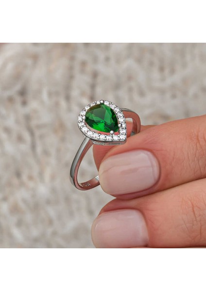 Gümüş Damla Zümrüt Taşlı Kadın Yüzük SL12650