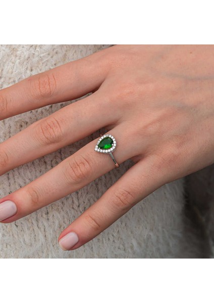 Gümüş Damla Zümrüt Taşlı Kadın Yüzük SL12650 fiyatları