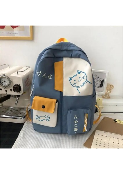 Koreli Sevimli Karikatür Kedi Kadın Sırt Çantası Ortaokul Öğrencileri Okul Çantası Büyük Kapasiteli Naylon Su Geçirmez Seyahat Backpackcolor: Mavi Yok Kolye (Yurt Dışından)