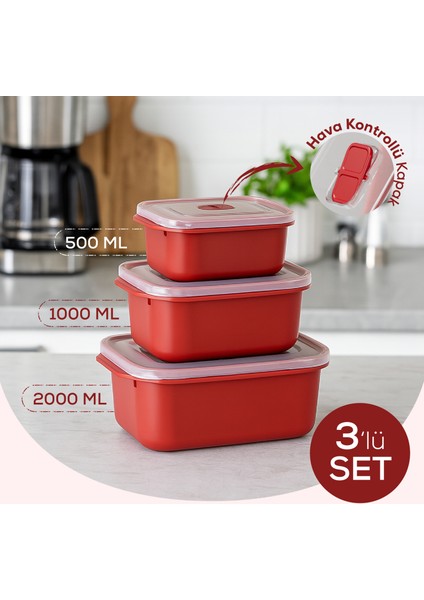 Kapaklı 3’lü Mikrodalgaya Uygun Dikdörtgen Saklama Kabı Seti - 500/1000/2000 ml