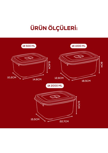 Kapaklı 3’lü Mikrodalgaya Uygun Dikdörtgen Saklama Kabı Seti - 500/1000/2000 ml modelleri