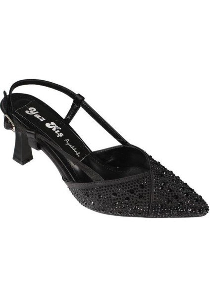 Yazkış Kadın Siyah Laci Ten Gümüş Sivri Burun Üstü Taşlı 8cm Kadeh Topuk Abiye Ayakkabı