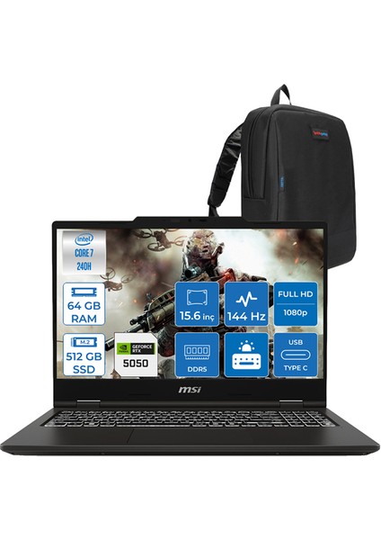 Msı Venture Pro 15 Intel Core 7 240H 64GB Ddr5 512GB SSD 8GB/RTX5050/45W 15.6" Fhd 144Hz IPS Windows 11 Pro Taşınabilir Bilgisayar A2RWEG50H21 + Zettaçanta