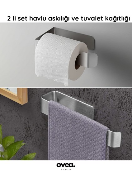 2 Li Set / Paslanmaz Çelik Havluluk ve Tuvalet Kağıtlığı / Yapışkanlı Tasarım / 26 Cm-18 cm