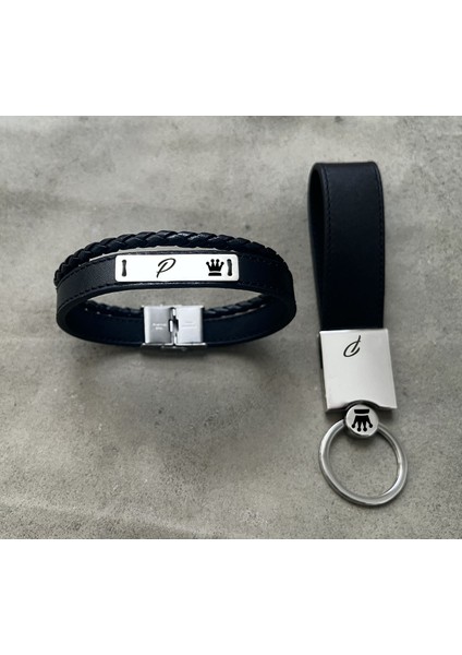 P Harfine Özel Hakiki Siyah Derili Taç Motifli 925 Ayar Gümüş Plakalı Hediye SETI-584HARF