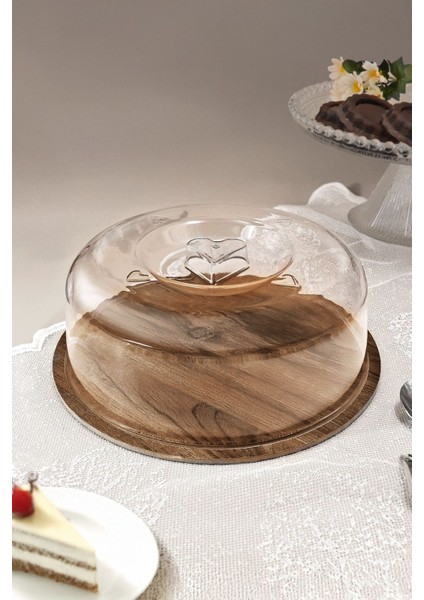 Turuncu Yuvarlak Ahşap Standlı Plastik Kapaklı Kek Fanusu, Saklama Kabı