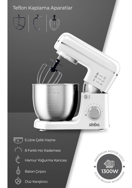 SMX-2771 Standlı Mikser| 1300W, 5l, Çok Fonksiyonlu Stand Mikser - Mutfak Şefi fiyatları