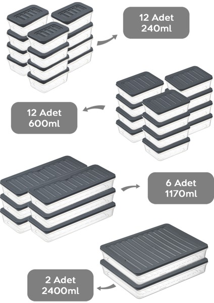 32 Parça Mikrodalga ve Difrize Uygun Saklama Kabı - 2X2400ML 6X1170ML 12X600ML 12X240ML Antrasit fiyatları