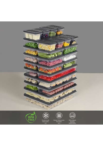 32 Parça Mikrodalga ve Difrize Uygun Saklama Kabı - 2X2400ML 6X1170ML 12X600ML 12X240ML Antrasit modelleri