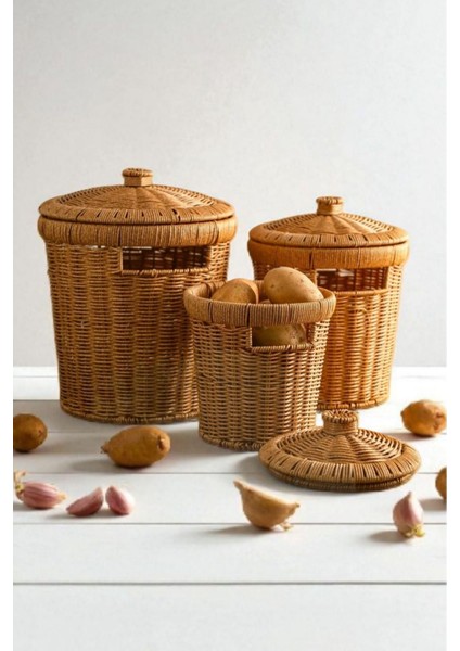 3'lü Rattan Sebze Sepeti Seti Kapaklı Sarımsak Soğan Patates Organizer