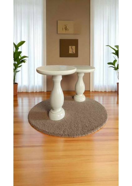 2’li Ahşap Mantar Sehpa Takımı – Krem Renk Şık Yan Sehpalar