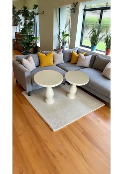 2’li Ahşap Mantar Sehpa Takımı – Krem Renk Şık Yan Sehpalar fiyatları