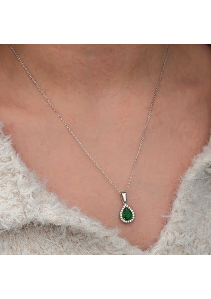 Gümüş Damla Zümrüt Taşlı Kadın Kolye SL12652 modelleri