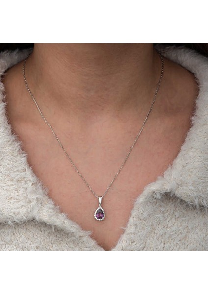 Gümüş Damla Mor Taşlı Kadın Kolye SL12653 fiyatları