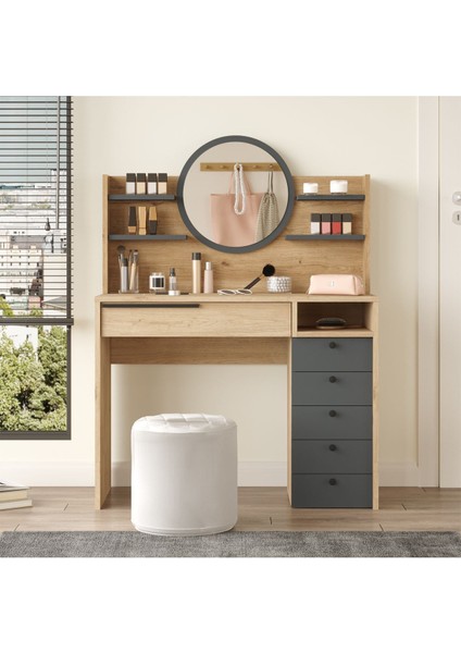 Bohem Makyaj Masası 100CM Aynalı Çekmeceli Şifonyer Raf Sepet-Antrasit BOH30-SA