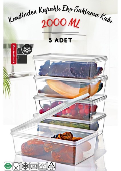 5'li Beyaz Derin Dondurucu Saklama Kabı, 2 Lt, Kendinden Kapaklı, Dayanıklı