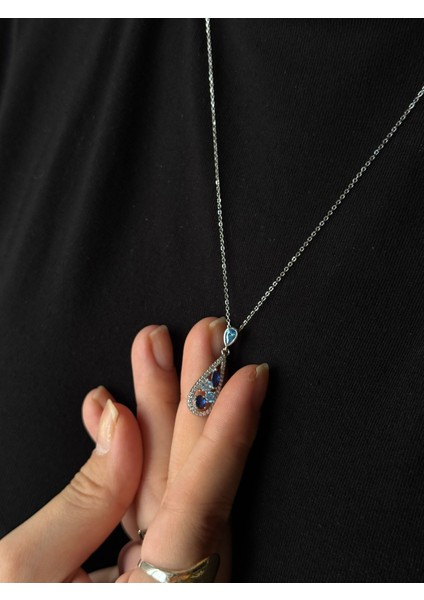 925 Ayar Gümüş Mavi Damla Motifli Farklı Kesim & Farklı Renkli Taşlı Kolye