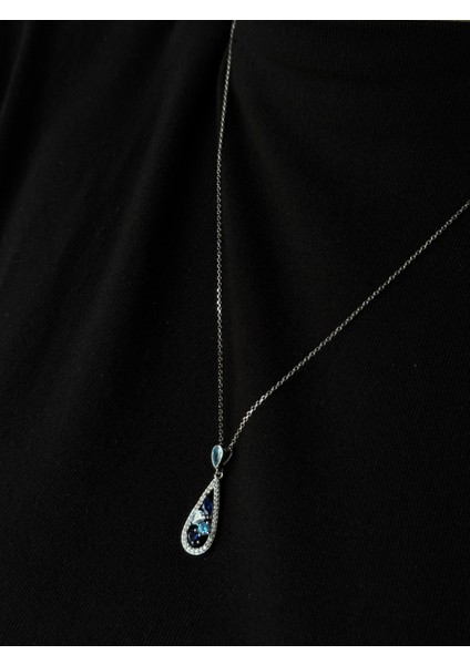 925 Ayar Gümüş Mavi Damla Motifli Farklı Kesim & Farklı Renkli Taşlı Kolye fiyatları