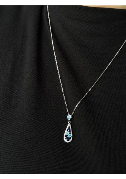 925 Ayar Gümüş Mavi Damla Motifli Farklı Kesim & Farklı Renkli Taşlı Kolye modelleri