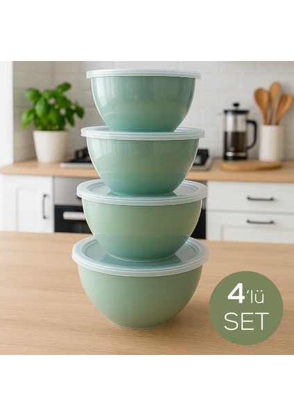 4’lü Yuvarlak Kase Seti Yeşil | 1l, 1.5l, 2.3l, 3.3l | Kapaklı Çok Amaçlı Mutfak Saklama Kabı