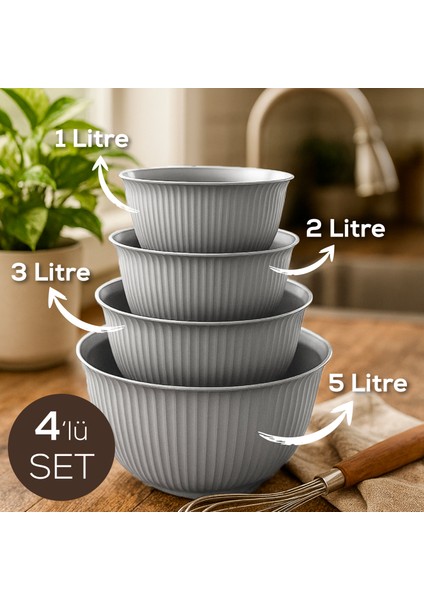 4'lü Mega Boy Plastik Karıştırma ve Saklama Kase Seti | 1l, 2l, 3l, 5l Gri