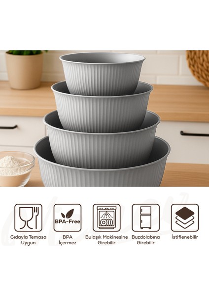 4'lü Mega Boy Plastik Karıştırma ve Saklama Kase Seti | 1l, 2l, 3l, 5l Gri modelleri