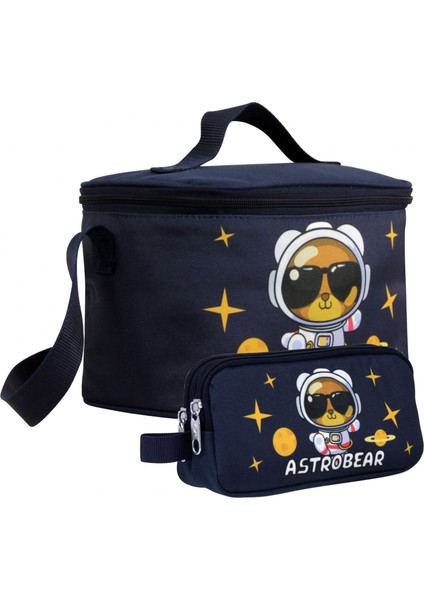 Erkek Çocuk Astronot Ayıcık Desenli Lacivert Beyaz Beslenme Çantası ve Kalemlik Seti