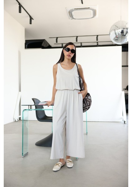 Kalın Askılı Beli Lastikli Modal Tulum