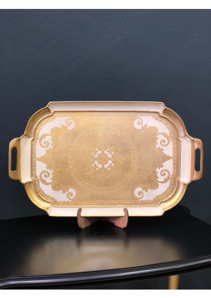 Italyan Gül Ağacı El Yapımı Altın Varak Kaplama Sunum Tepsisi