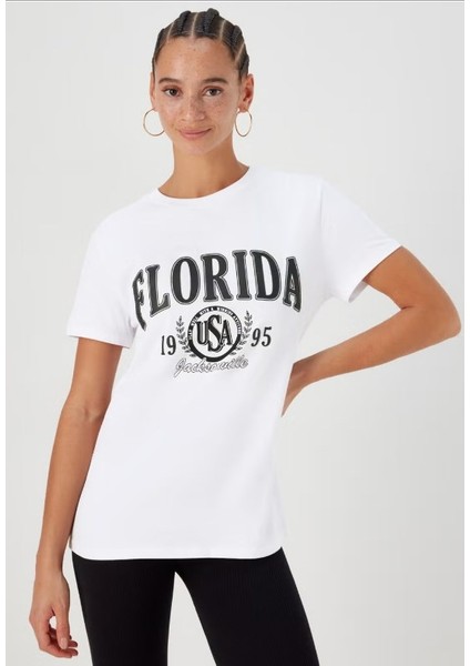 Kadın %100 Pamuk Beyaz Florida Baskılı T-Shirt 2731