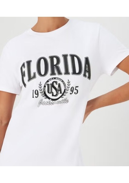 Kadın %100 Pamuk Beyaz Florida Baskılı T-Shirt 2731