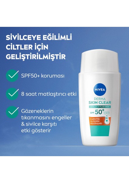 SPF50 Derma Skin Clear Yüz Kremi 40 Ml, Matlaştırıcı, Karnitin, Gliserin,niasinamid
