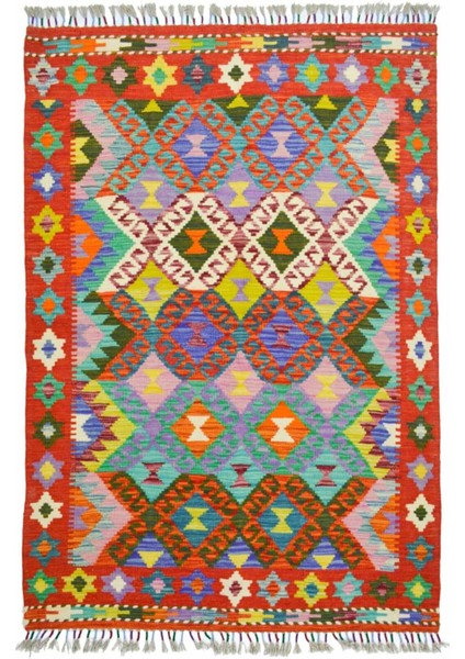 Yün Iplikten El Dokuma Kırmızı Renk Afgan Kilim 100X150 cm (1.5 M²)