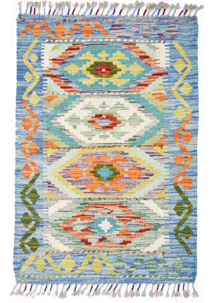 Yün Iplikten El Dokuma Turkuaz Renk Afgan Kilim 88X101 cm (0.89 M²)