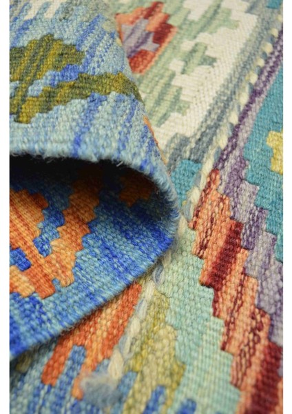 Yün Iplikten El Dokuma Turkuaz Renk Afgan Kilim 88X101 cm (0.89 M²)